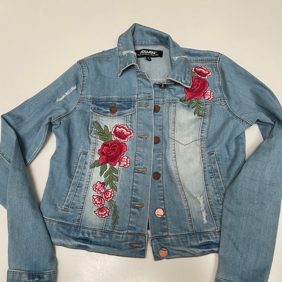 Jackets & Blazers - Floral Embroidered Faded Weathered Denim Jean Jacket